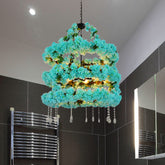 Lámpara de araña vintage de metal con forma de flor, suspensión LED azul y detalles de cristal